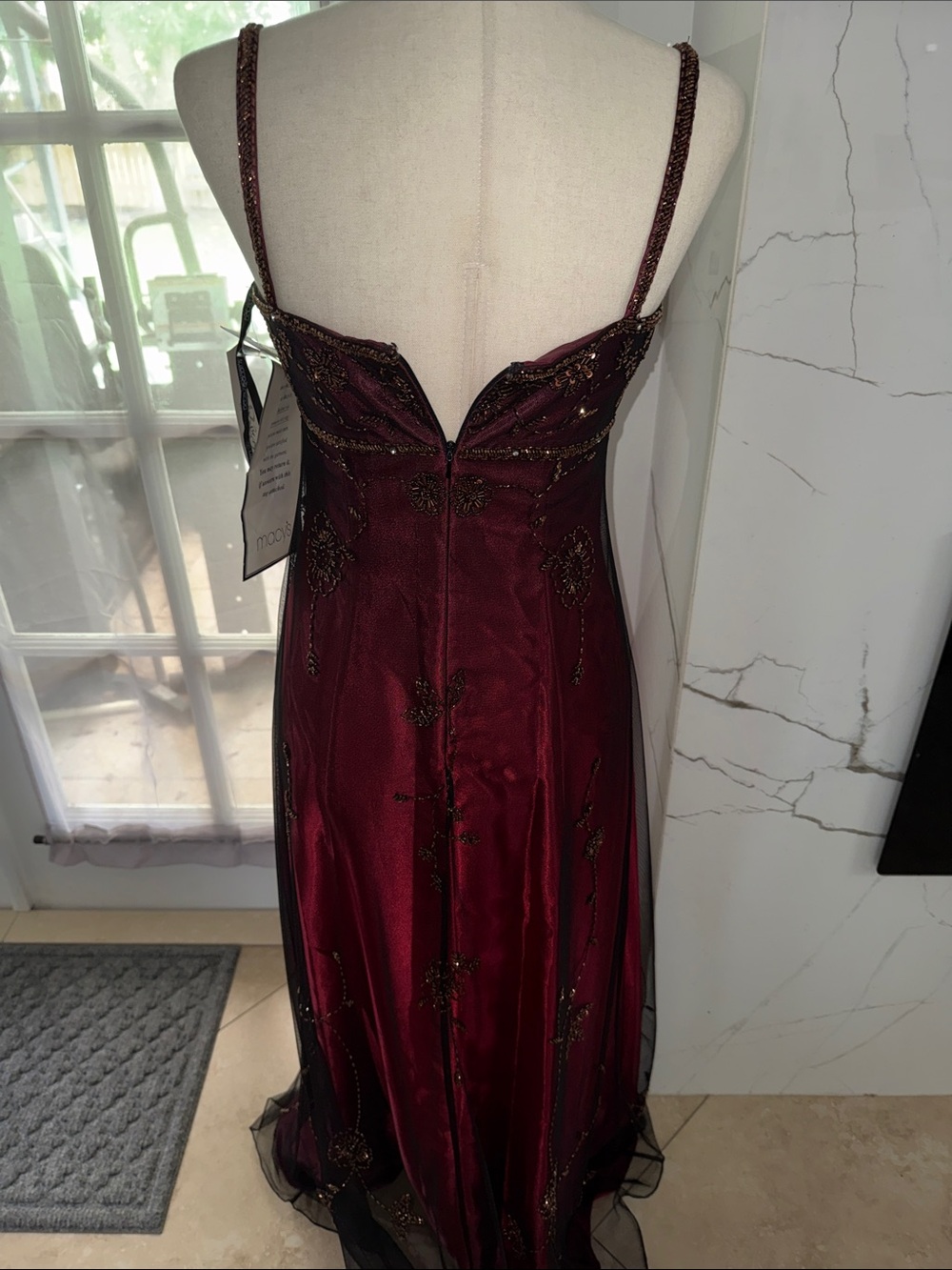 Betsy & Adam Burgundy Beaded Tulle Evening Gown